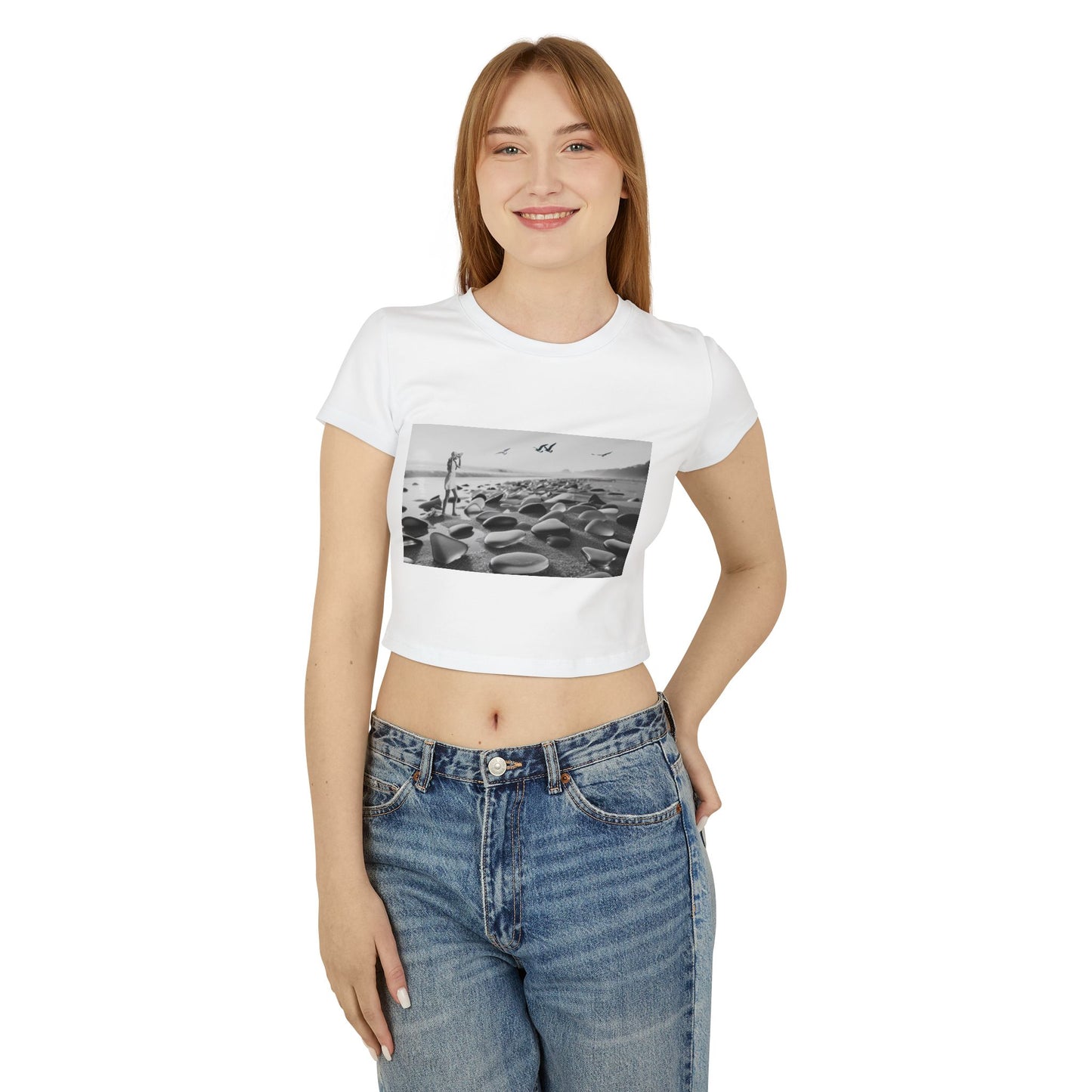 Women's Baby Tee - Black and White Beach Photography