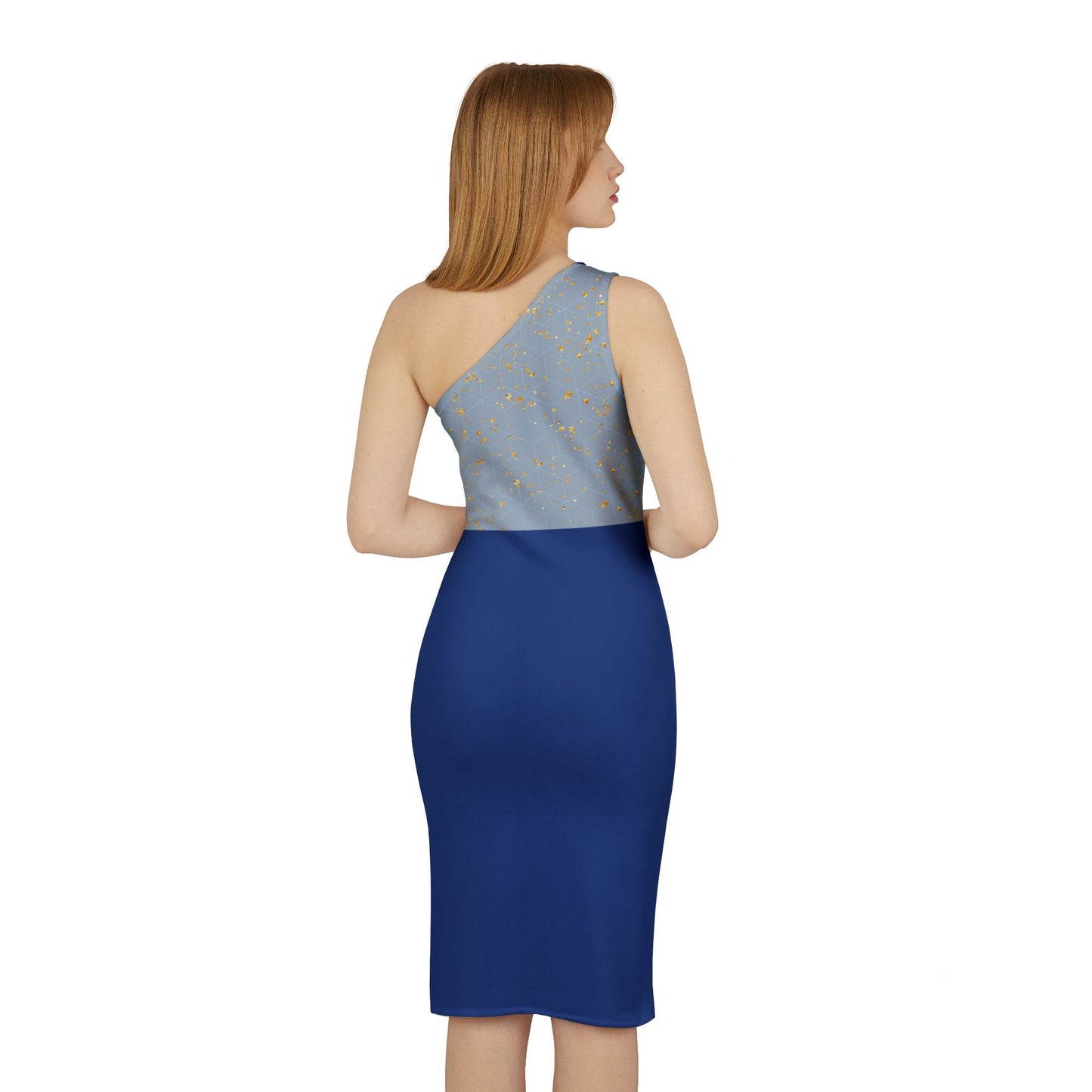 Elegant One-Shoulder Dress with Geometric Pattern and Gold Accents