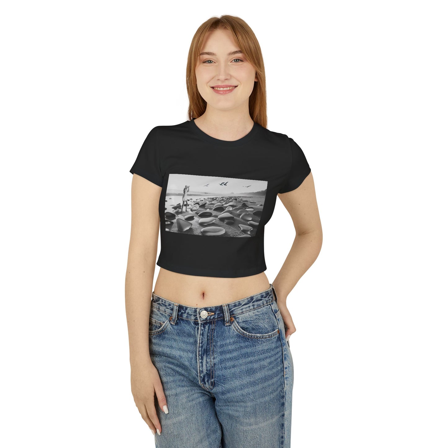 Women's Baby Tee - Black and White Beach Photography