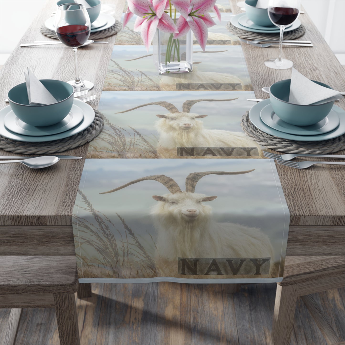 Navy Goat Print Cotton Table Runner - Rustic Farmhouse Decor for Celebrations