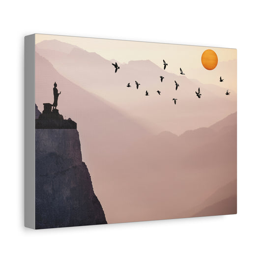 Zen Landscape Canvas Art - Mountain Sunset & Birds